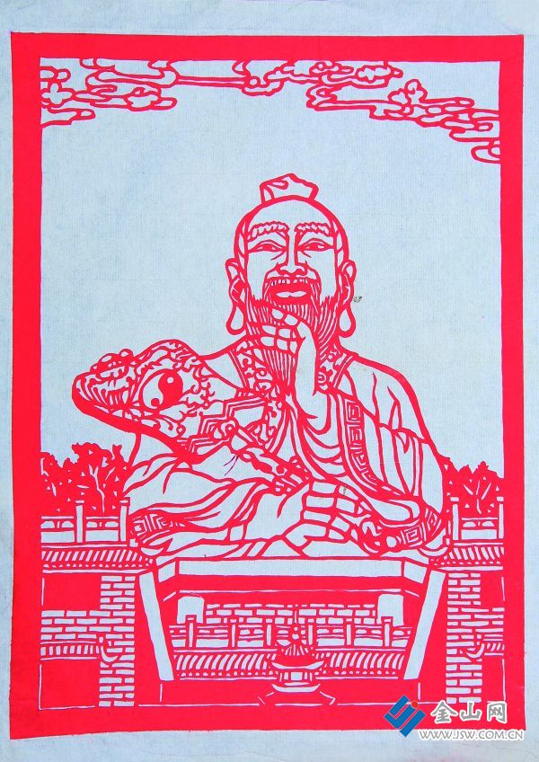 作品说明:作者用剪纸的手法在一张作品中重现了道教胜地茅山的元符宫