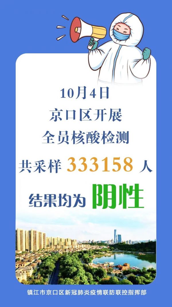 京口區(qū)10月4日核酸檢測(cè)結(jié)果均為陰性!