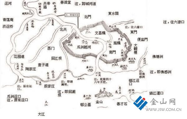 揚(yáng)州舊瓜洲古城及周邊河流形勢(shì)情況圖